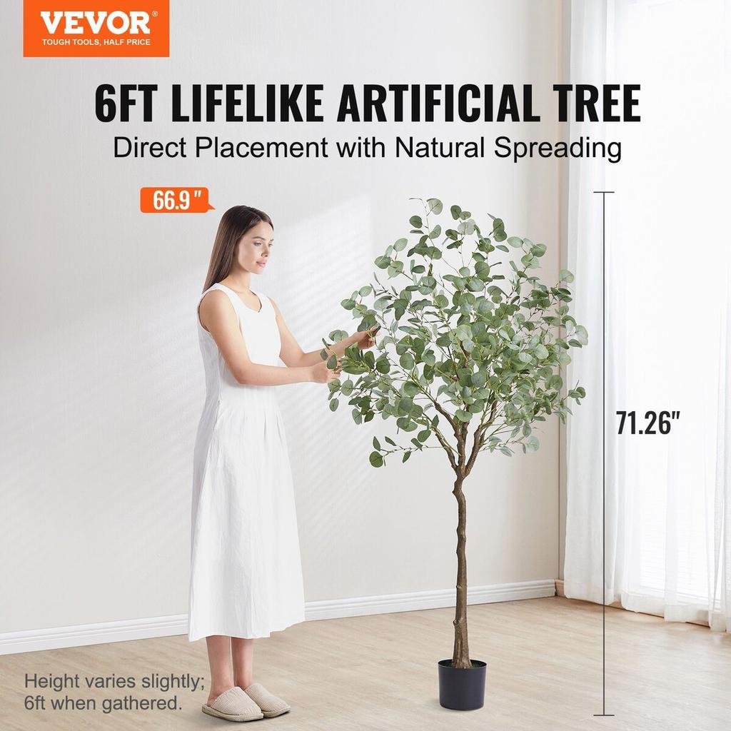 Artificial Eucalyptus Tree, 1.8 m Tall Faux Plant, Secure PE Material & Anti-Tip Tilt Protection Low-Maintenance Plant, Lifelike Green Fake Potted