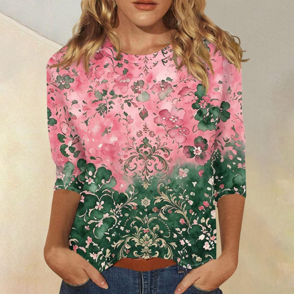 Haut Floral Décontracté pour Femme à Col Rond Manches Trois Quarts Blouse Légère pour un Usage Quotidien et Coupe Confortable