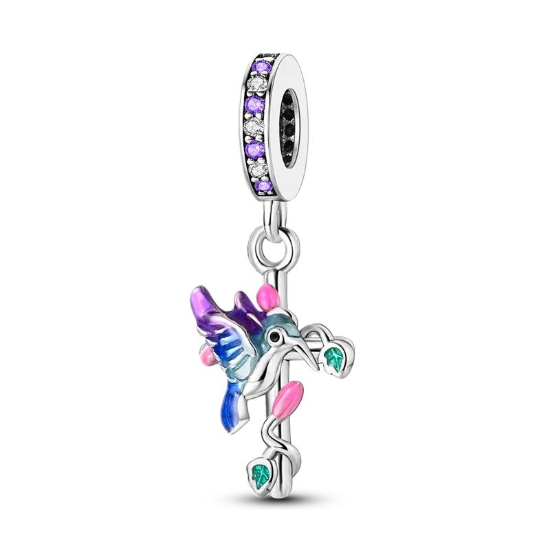 Colgantes de plata de ley S925 con forma de gato, perro, mariposa, flor y cadena de seguridad de color morado, aptos para pulseras originales DIY