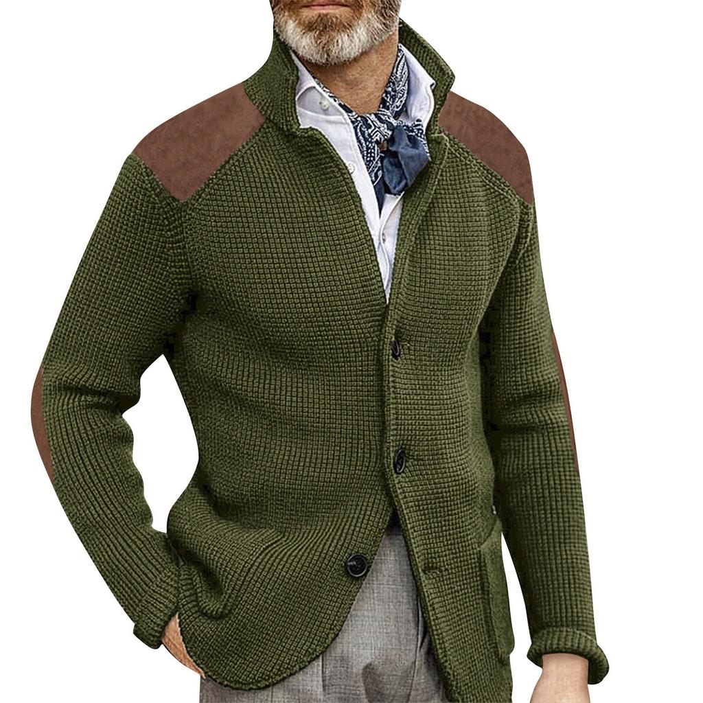 Men's Cardigan Color-Blocked Slim-Fit Stand-Collar Long-Sleeve Knitted Outerwear