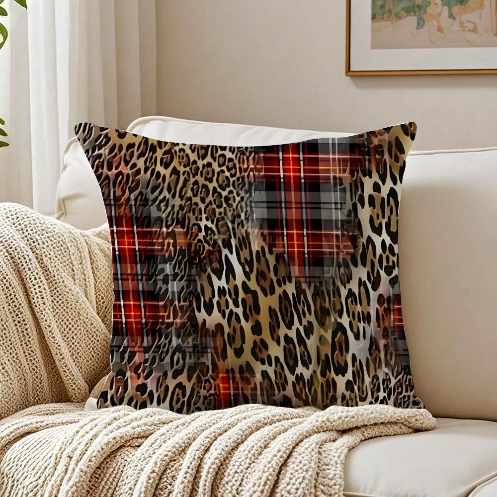 Plaid Leopard Print Textures Pillow Cushion Cover Linen Pillowcase Soft For Sofa Bed Home Room Decor