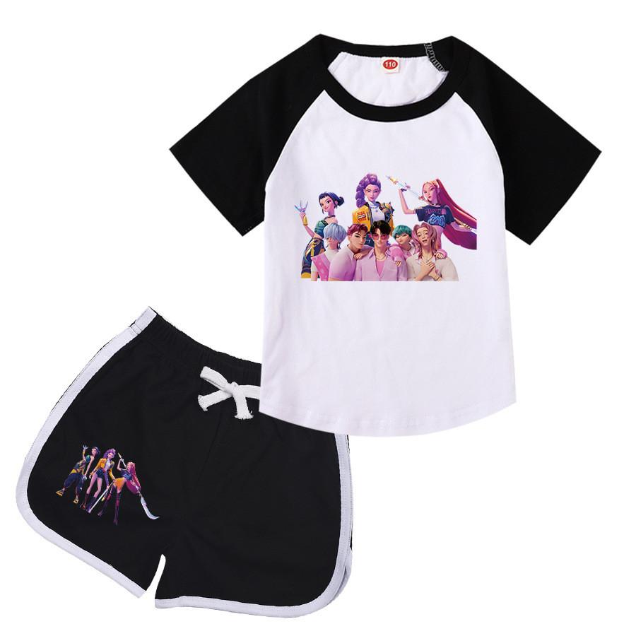 Kids Girls Anime Cartoon POP Singer Rumi Zoey Mira Printed Casual Raglan Short Sleeves T-Shirt Shorts Clothes Set