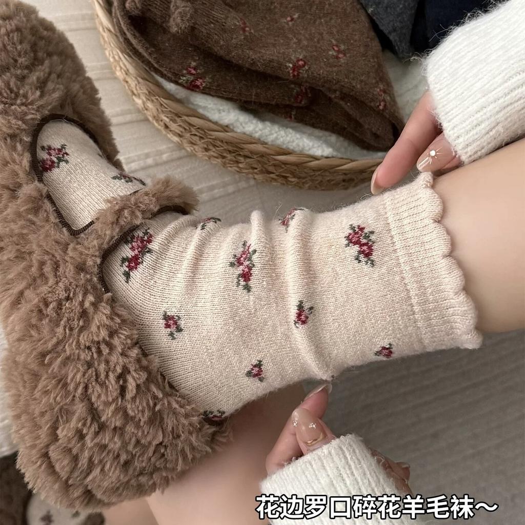 Dark Gray Vintage Thickened Warm Children'S Winter Floral Piles Of Socks Coffee Color Mid-Leg Socks Snow Boots Wool Socks