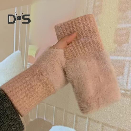 1 Pair Women Winter Gloves Half-finger Thick Plush Elastic Warm Heat Retention Non-slip Windproof Wrist Protection Cycling Riding Mittens