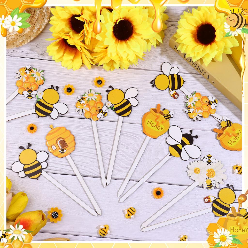 16 Pcs Summer Bee Double-Sided Wooden Picks Cute Honeybee Wooden Decorative Pick Daisy Bee Decorative Pick Summer Theme Party Su