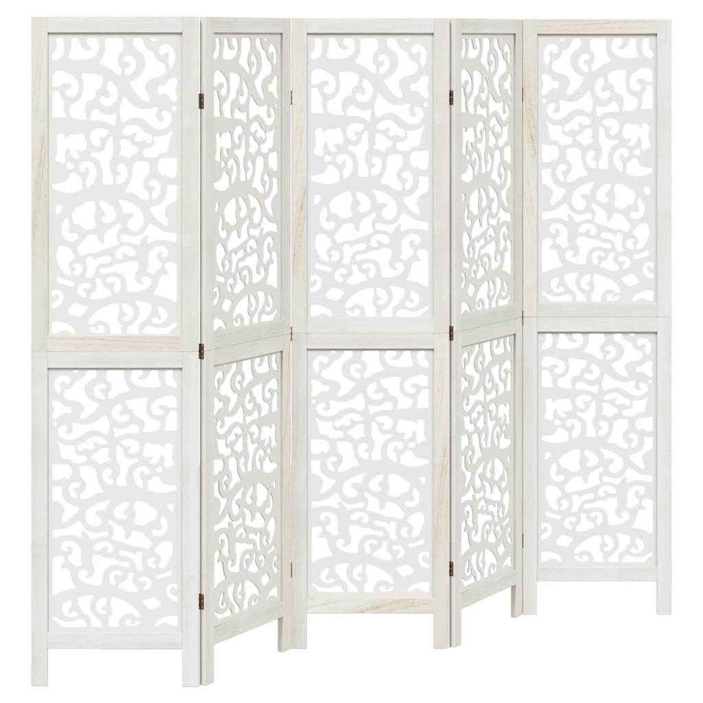 5 Panel Room Divider White Solid Wood Paulownia