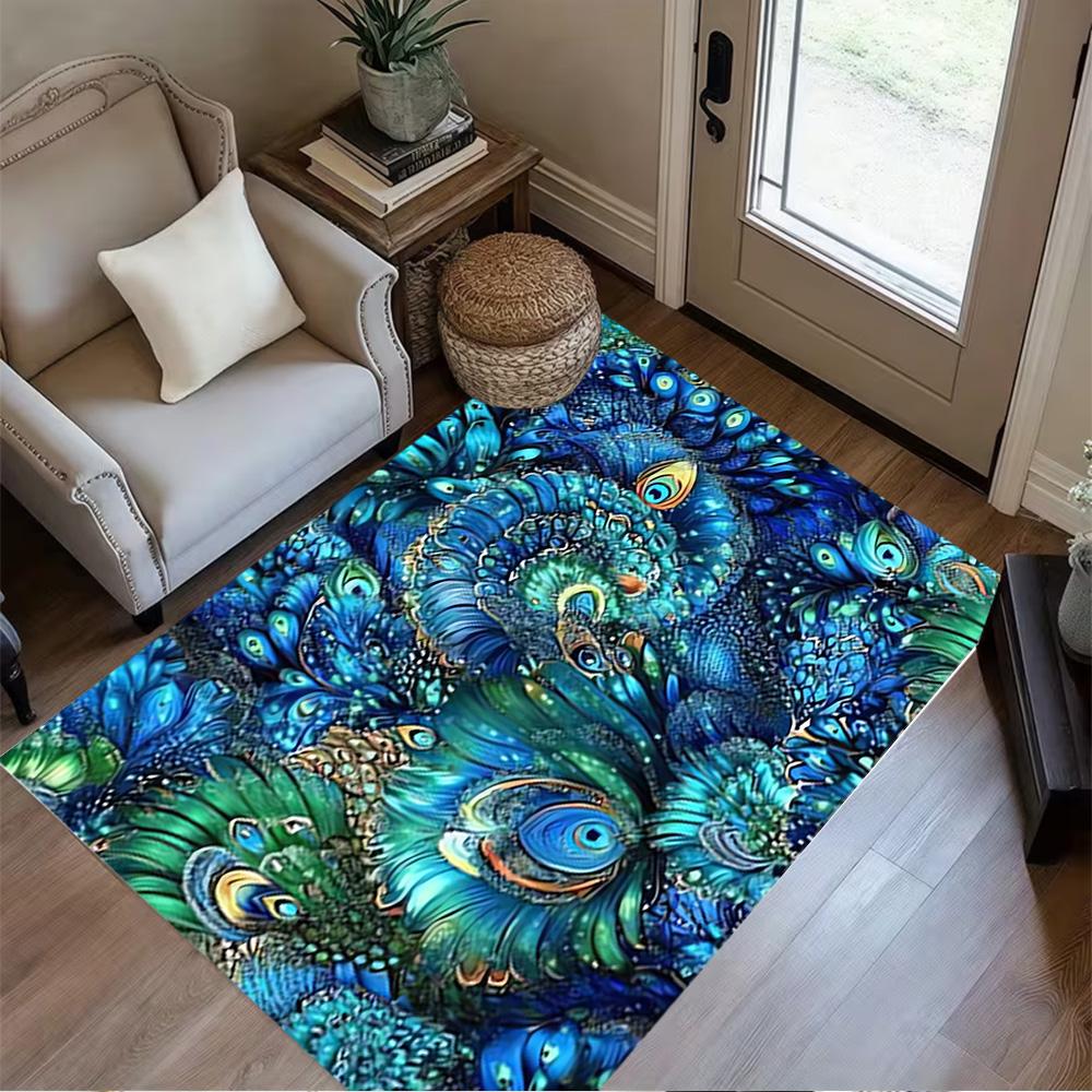 1pc Home Carpet Peacock and Flowers Non-Slip Design for Office Decor Living Room Bedroom Gift