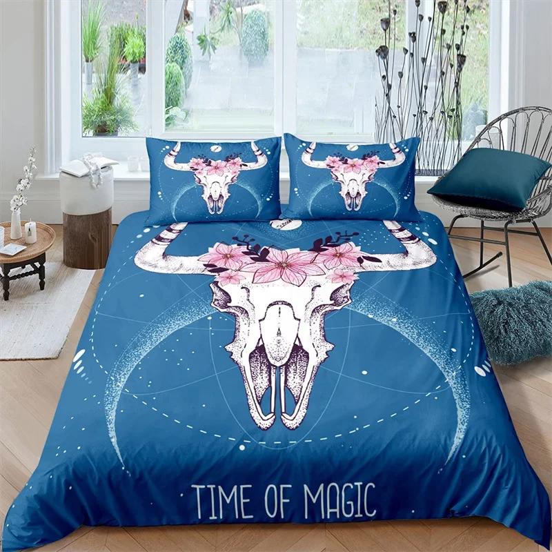 Exotic Bull Skull Duvet Cover Twin Queen Size Western Bedding Set Bohemia Flowers Quilt Cover Microfiber Feather Comforter Cover