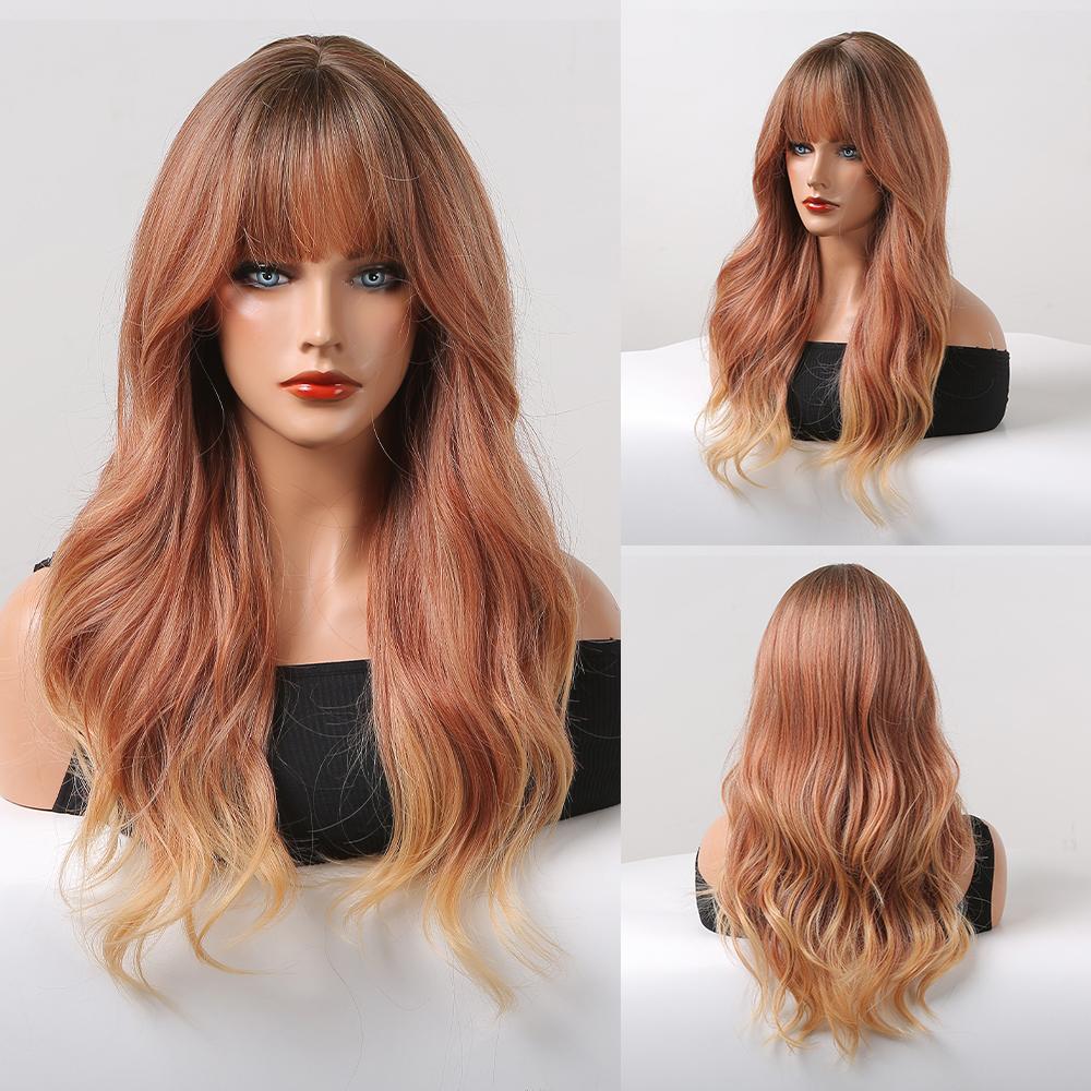 Synthetic Wigs Long Natural Wavy Wig Ombre Brown Golden Highlight Blonde Layered Hair with Side Bangs for Women Heat Resistant