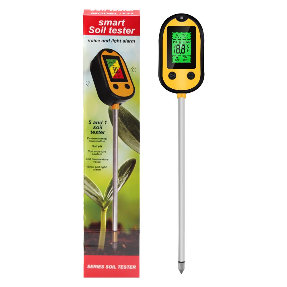 

5 in 1 Soil Tester LCD Soil PH Meter Multifunctional Sunlight Moisture PH Temp Detector Garden Soil Test Tool with Voice Alarm жовтий