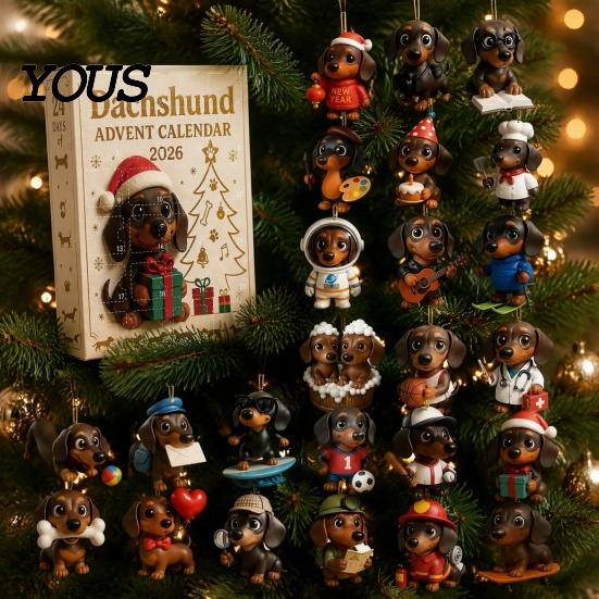 Decorazione per Albero Cucciolo Carino 2026 Calendario dell'Avvento Bassotto con 24 Decorazioni Acriliche 2D Uniche, Decorazione Festiva da Appendere per Natale Scatola Conto alla Rovescia