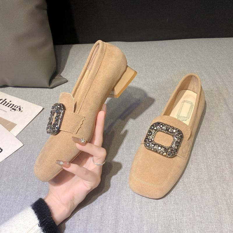 fashion Elegantes Heels New Chunky Rhindiamonds Square Buckle Deep Mouth French Retro Square Head Single Shoes