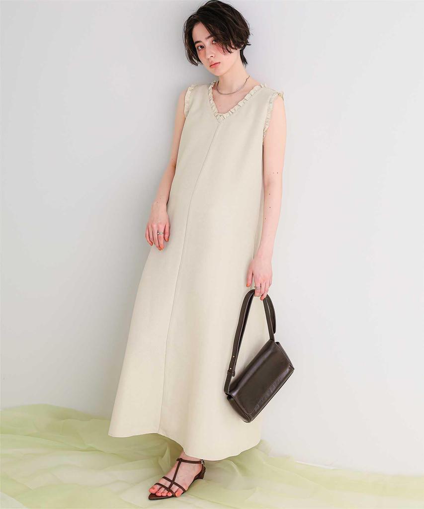 Frill Design Sleeveless Dress AHXN2376 L Ivory [Titivate] Linen-like V-neck Women's