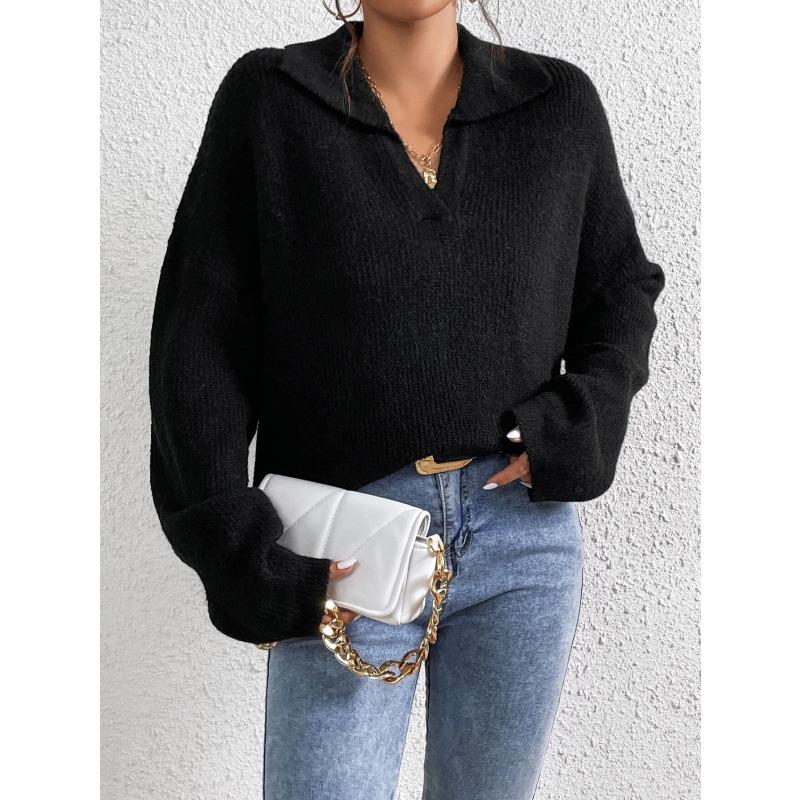 VEZFAA Women's Fashion Casual Fall Winter Solid Color Print Long Sleeve POLO Neck Sweaters