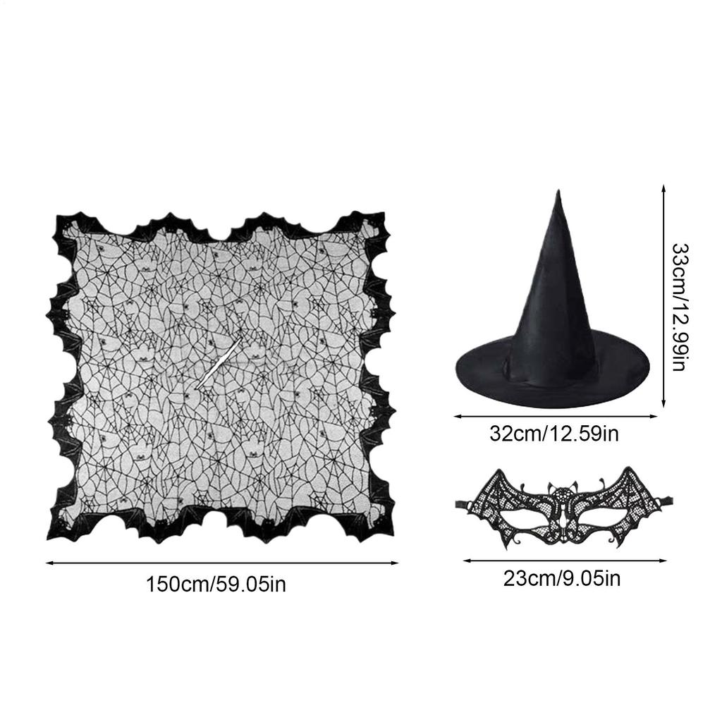 Spider Web Witch Cape 3 Pieces Halloween Witch Costume Cosplay Apparel for Goth Party Photo Ghost Bridal Autumn Vampire Stage