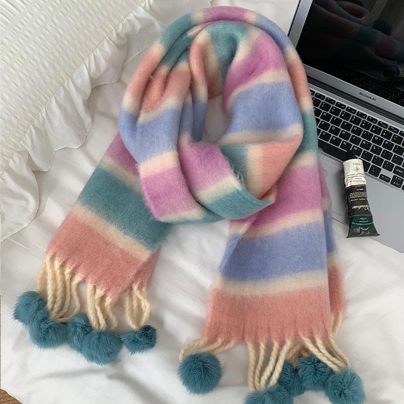 Color blocked Tassel Scarf for Women in Winter New High End Warm and Thickened Scarf for Students Korean Style Versatile Decoration