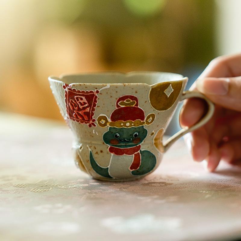 Year Of The Snake Flint Red Pure Hand-Painted Snake Walking Great Luck Tea Cup Gift Set