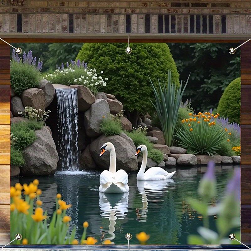 Natural scenery mountains rocks waterfall green plants banner background suitable forgarden decorationactivitiesor taking photos