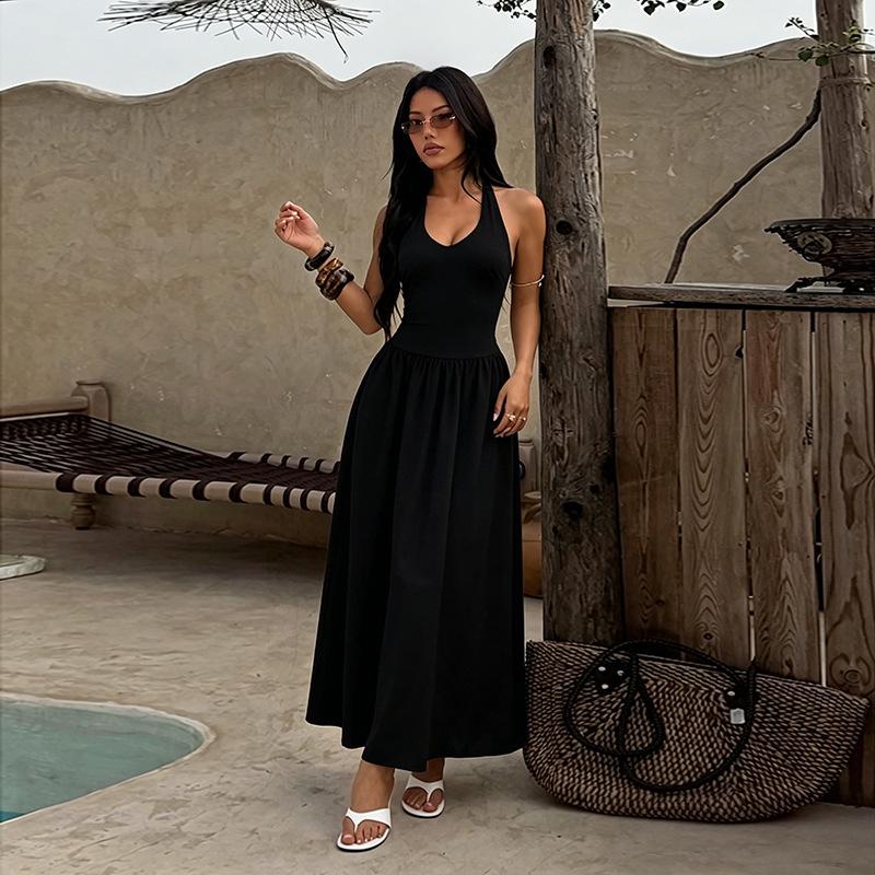 Summer new European and American women's clothing temperament solid color U-neck waist thin pendulum suspender dress women