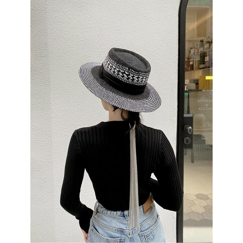 European and American style hand-woven mixed color hollow concave flat top hat women's retro versatile summer travel sun hat