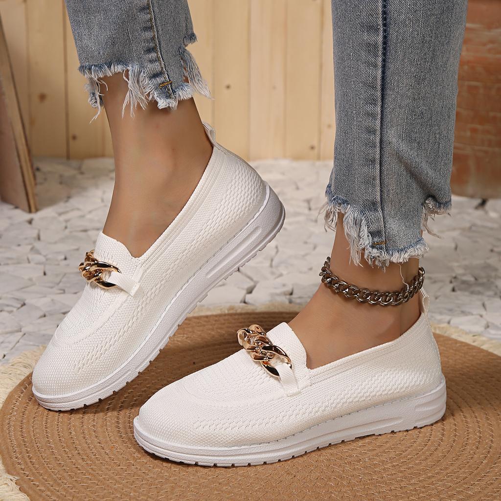 Metal Chain Decor Flats Shoes for Women 2025 Plus Size 43 Mesh Breathable Loafers Shoes Woman Non-Slip Casual Vulcanized Shoes