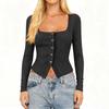 Women's Fashionable Color Square Neck Knitted Thread Single Button Slim Fit Long Sleeved Top