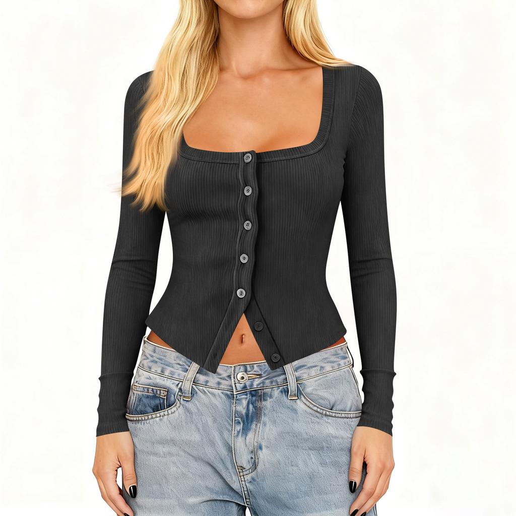 Women's Fashionable Color Square Neck Knitted Thread Single Button Slim Fit Long Sleeved Top