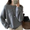Gray Crew Neck Sweater Women'S Spring Long-Sleeved Casual Loose Diagonal Hanging Pocket Design Pullover Knitted Wool Bottoming Shirt