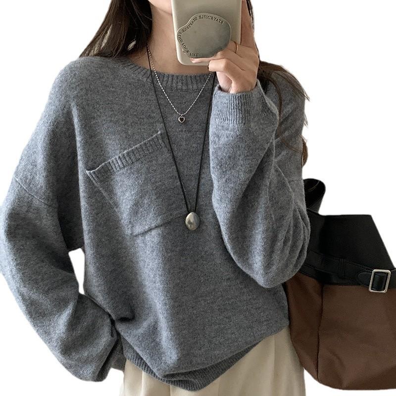 Gray Crew Neck Sweater Women'S Spring Long-Sleeved Casual Loose Diagonal Hanging Pocket Design Pullover Knitted Wool Bottoming Shirt
