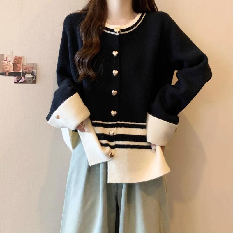 Women's Casual Button Jacket Knitted Contrasting Cardigan Sweater Splicing Top
