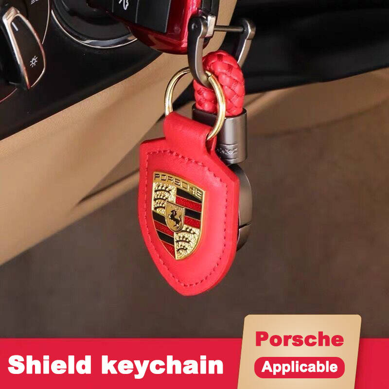 Leather Metal Car Keychain 3D Emblem Key Chain Ring For Porsche Macan 911 718 Taycan Panamera Cayenne Boxster Cayman Accessories