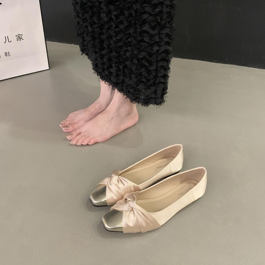 Fashion Elegant Silk Bowknot Flats Woman Gold Pointed Toe Ballets Office Ladies Dress Slip On Loafers Shallow Bridesmaide Wedding Shoes