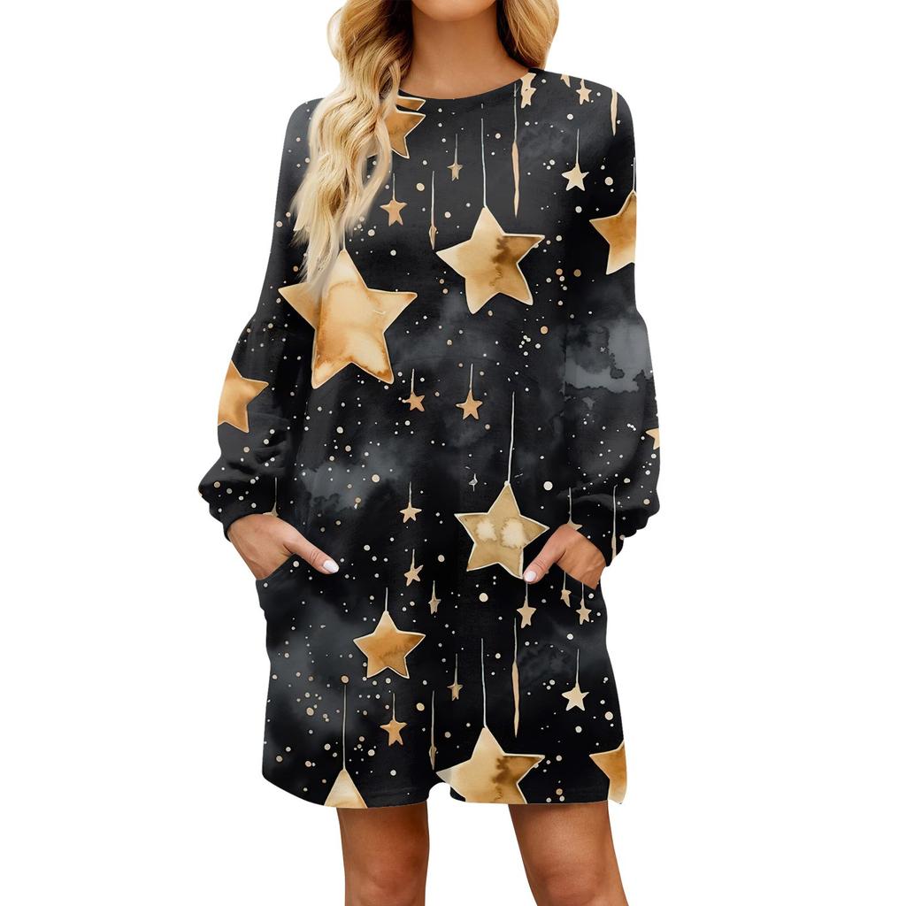 Fashionable Ladies Star Print Autumn Long Sleeve Casual Loose Dress