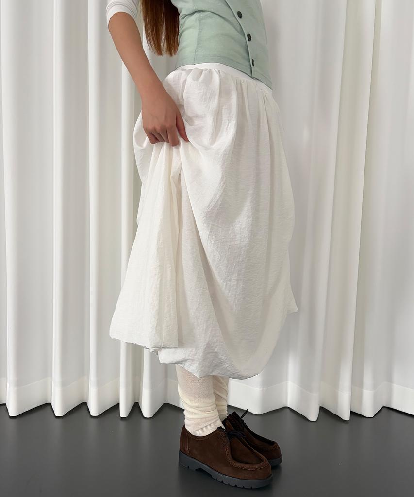 Chix Nylon Linen Voluminous Shirred Balloon Long Skirt White