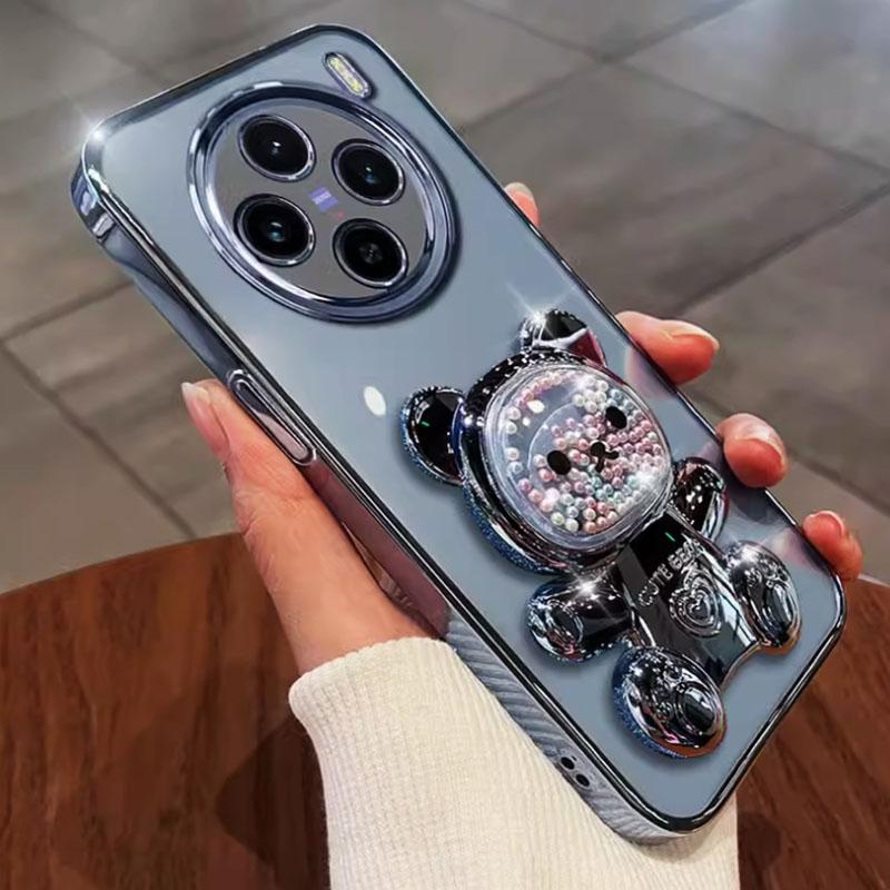 Glitzerbeschichtete Hülle für Oppo Realme 12 11 10 9 8 Realme12 Pro Plus Niedlicher Bärenständer Transparente Ständerabdeckung