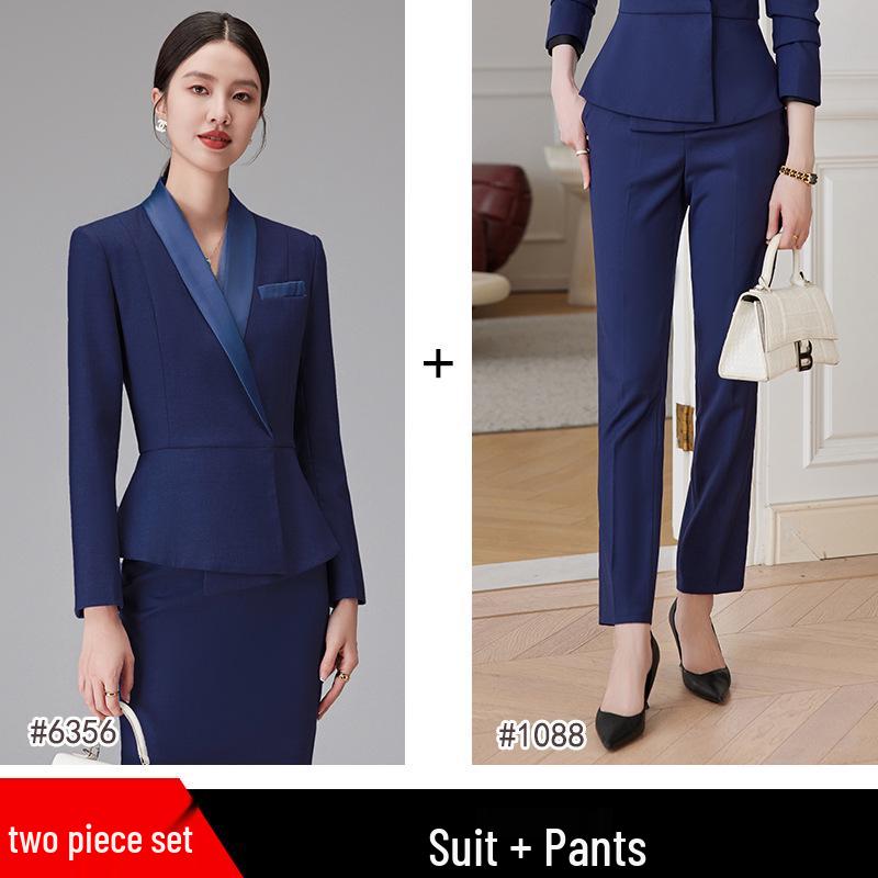 Dark Blue Women's Suit Set: Professional Attire with a Goddess Style – Perfect for Front Desk Workwear.
