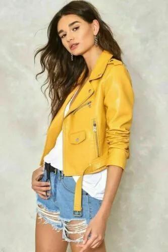 Motorcycle Leather Lambskin Designer Yellow Stylish Women Jacket