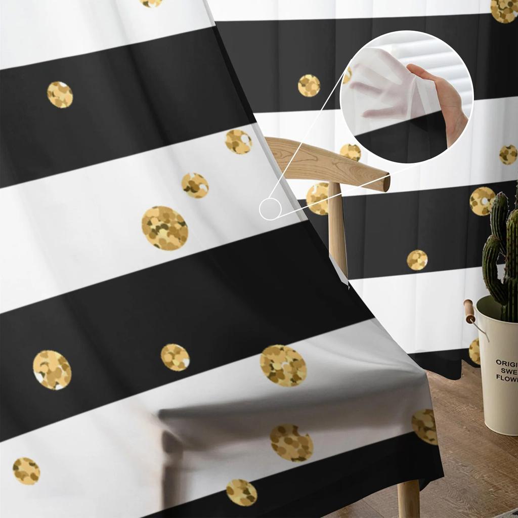 Black White Stripes Golden Dots Tulle Sheer Curtains for Living Room Kitchen Bedroom Voile Hanging Window Drapes