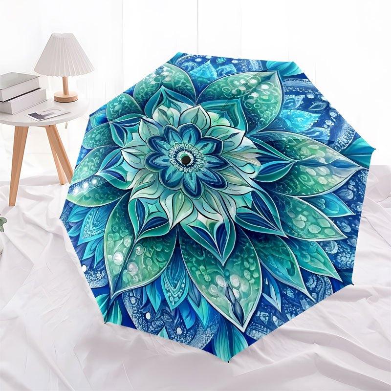 Blue Lotus Flower Mandala Wall Art PrintUmbrella with Cute Design,Portable 3-Fold Compact Umbrella for Men&Women,Valentine's Day Mother's Da