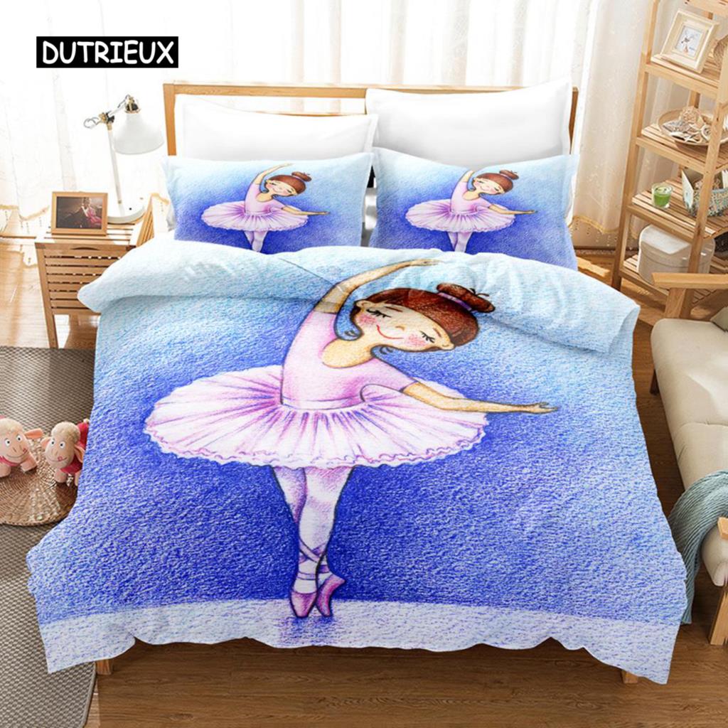 Ballet Girl Duvet Cover Set Purple Tutu Dancer Eiffel Tower Bedding Set for Kids Girls King Size Soft Polyester Comforter Cover