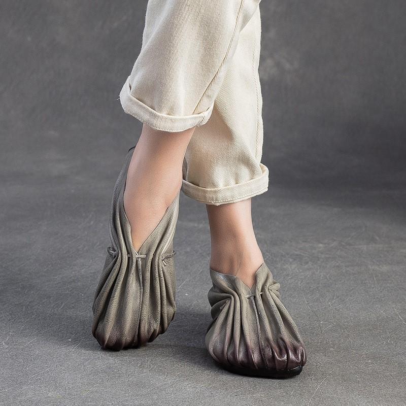 Johnature Retro Handmade Pleated Flats Genuine Leather Round Toe Soft Soled Lightweight Women's Slip-on Shoes