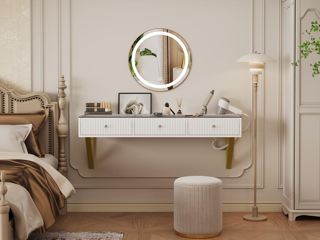 Vanity table, hanging, with 3 drawers, glass top, tablet holder and cup holder; white 120×40×45 cm (W×H×D) (without LED mirror)
