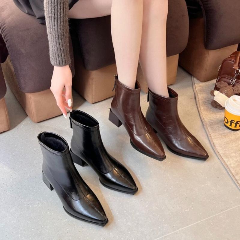 Vintage Pointed Toe Thick Heel Women Ankle Boots Female Concise Slim Short Booties Spring Autumn Concise Zapatos De Mujer