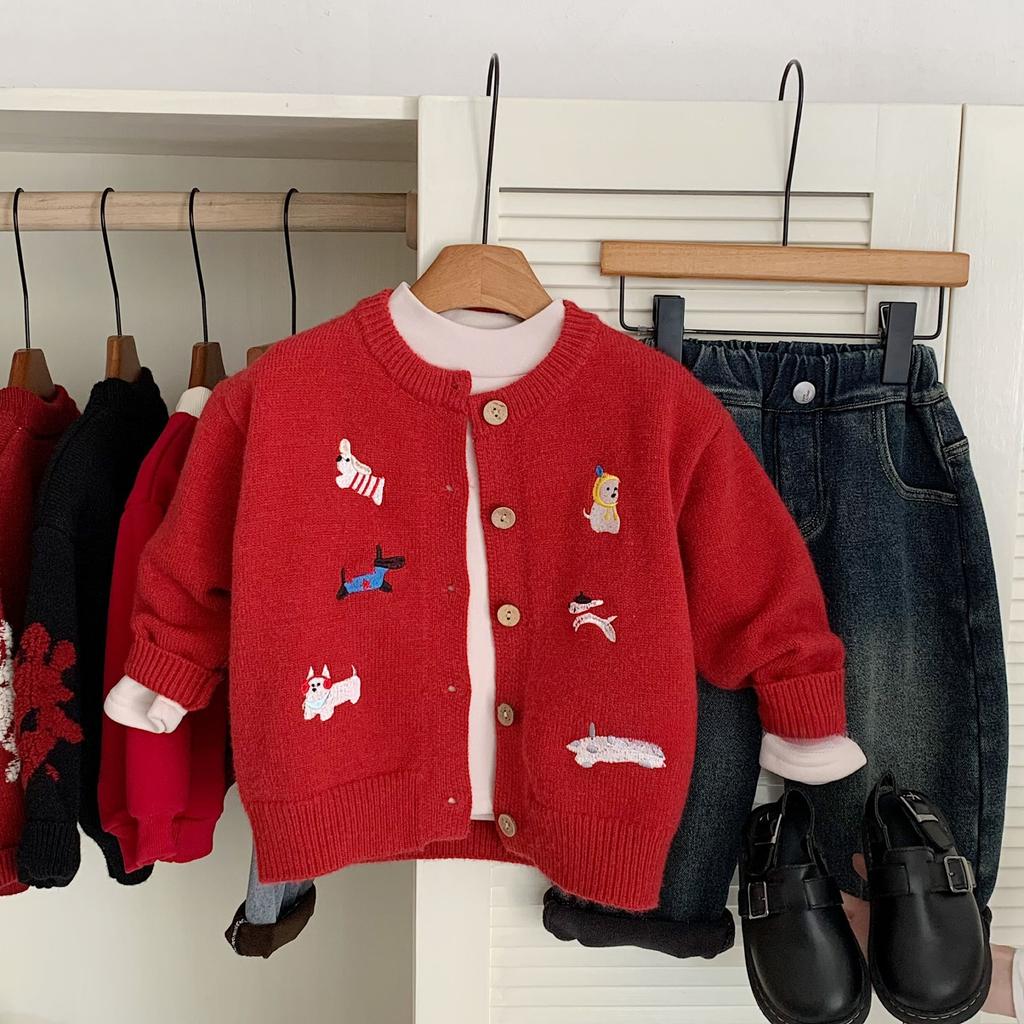 Children's Sweater Winter New Product Men's and Women's Celebration Knitted Sweater Embroidered Dog Cardigan