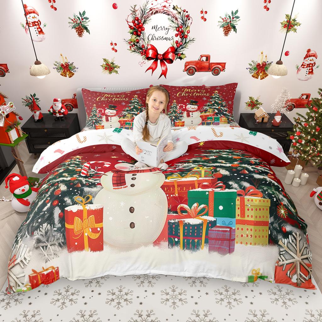 Homewish Cartoon Snowman Duvet Cover Set for Kids 2pcs/3pcs, Christmas Bedding Set for Girls Boys, Xmas Tree Farm Truck Bed Set