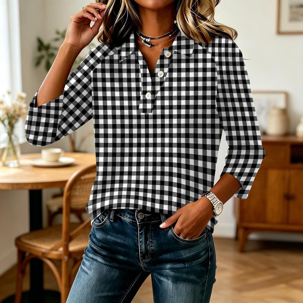 Camicia Casual da Donna a Maniche 3/4 Patchwork Stampa a Quadri Bottoni Collo Camicia Vestibilità Comoda Top Leggero per l'Uso Quotidiano