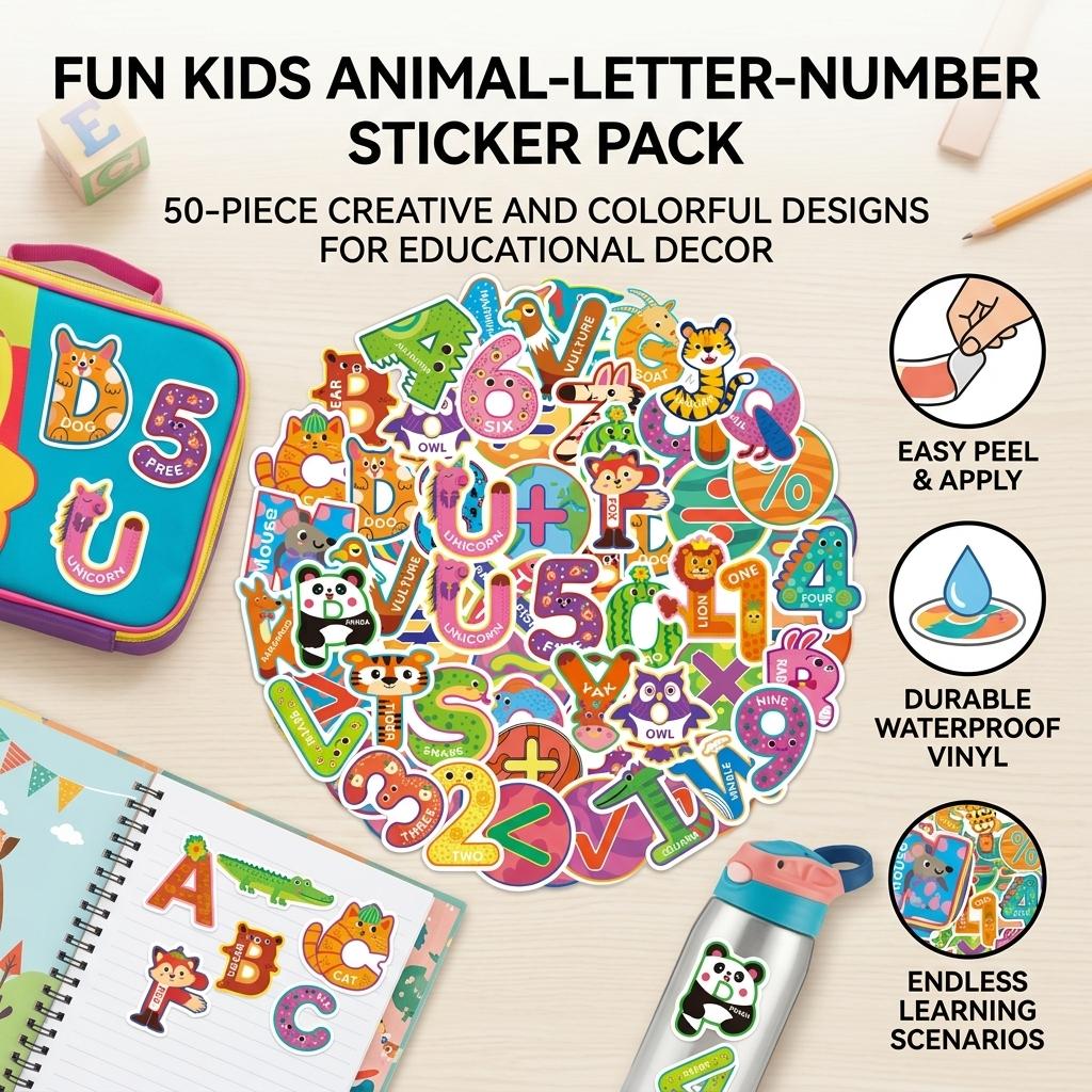 50Pcs Waterproof Cartoon Number Stickers for Kids Creative Graffiti Decoration PVC Material Easy Peel