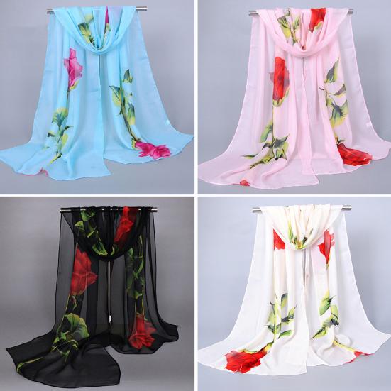 Women Fashion Long Soft Wrap Shawl Rose Flower Printed Sheer Chiffon Scarf