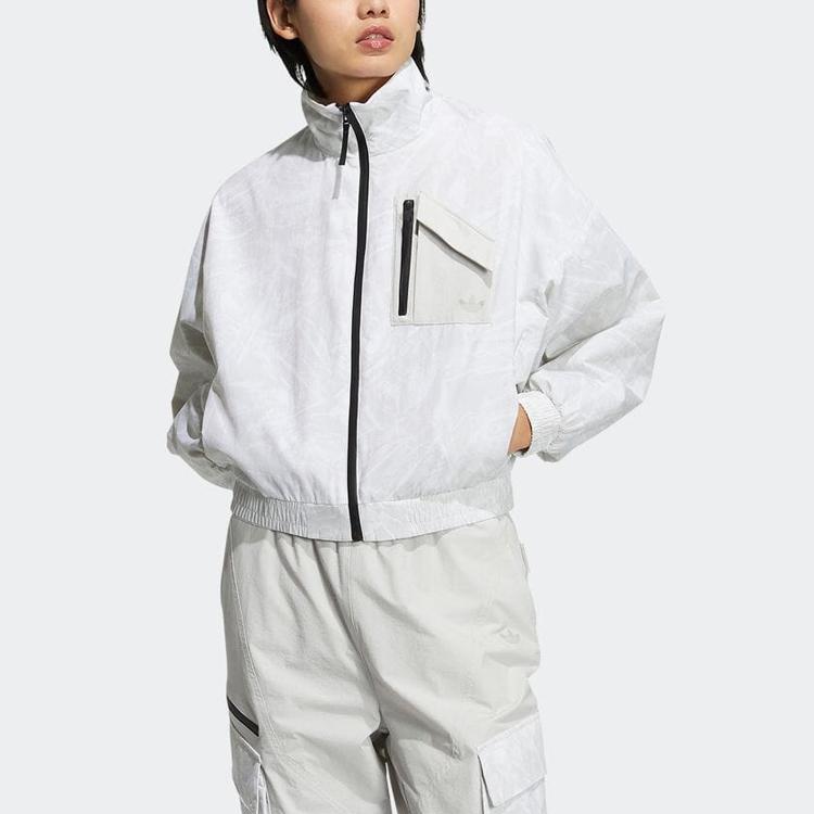 Adidas Originals Three Stripes Patch Pocket Stand Collar Front Zip Sports Jacket Women Jacket Gray HS9507