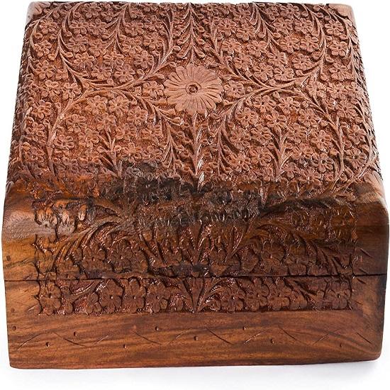 Wooden Jewellery Box, Decorative Storage Organizer-Intricate Carved, 10 X 6 In
